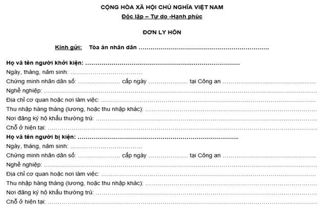 Mẫu đơn ly hôn mới nhất